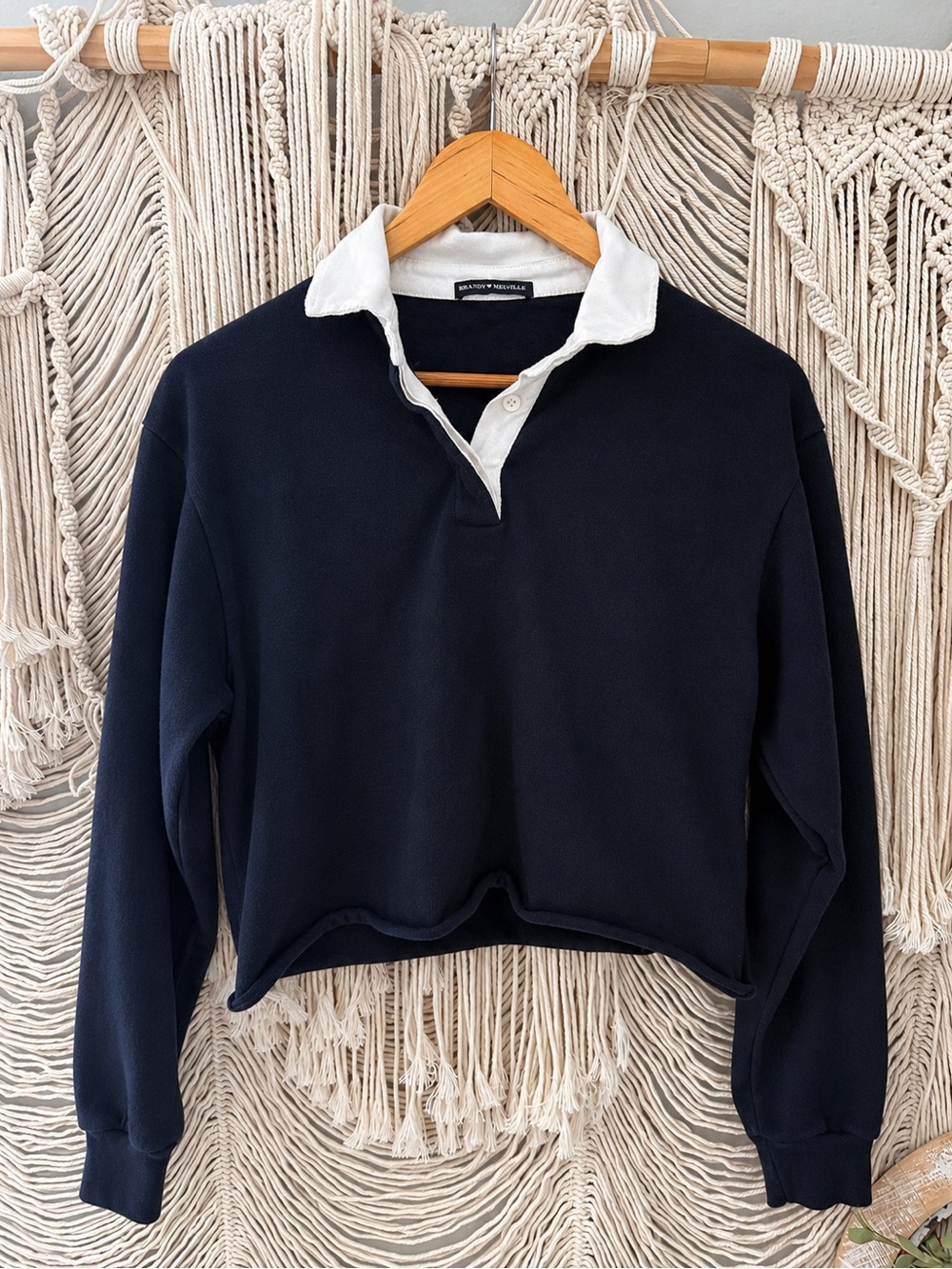 Brandy Melville Navy Cropped Rugby Pullover with White Collar